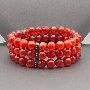 VTG WK Sterling Silver & Red Carnelian 8mm Beaded 3 Strand Stretch Bracelet 7"
